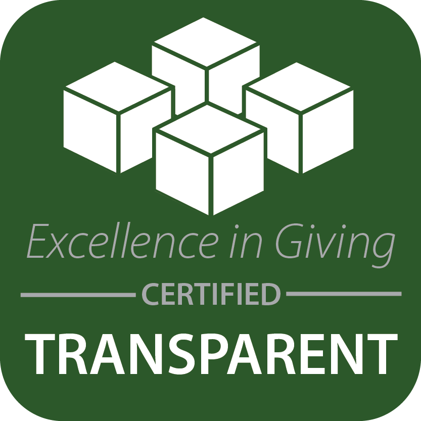 Green “Certified Transparent” badge with white box icons and “Excellence in Giving” text