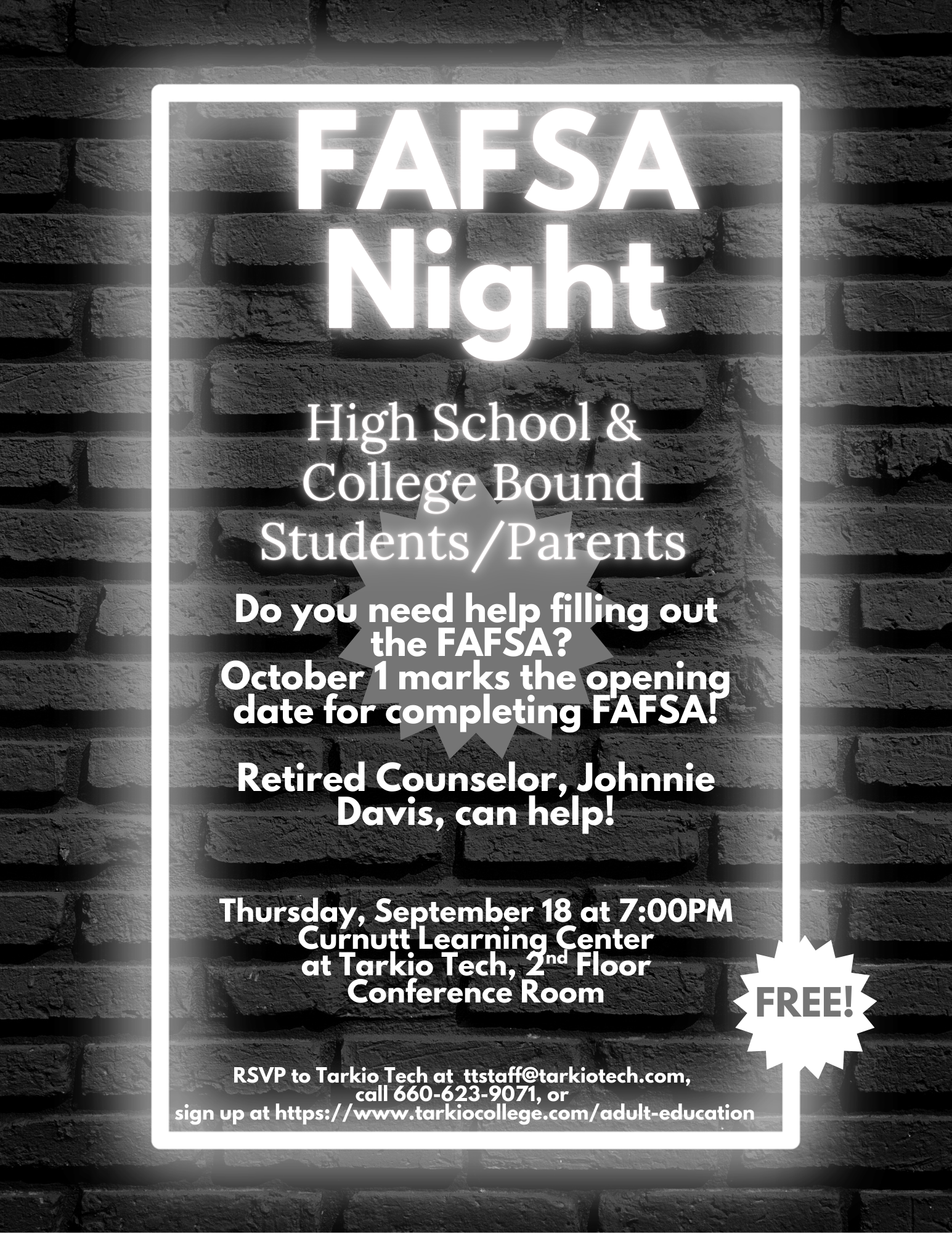 Flyer for FAFSA Night at Curnutt Learning Center on September 18 at 7 PM to help students/parents.