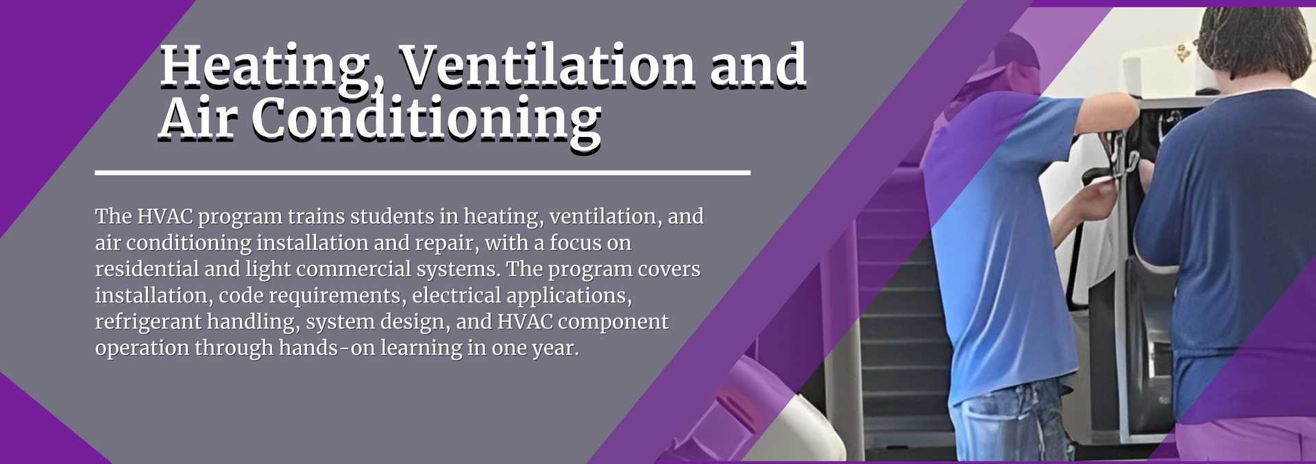 HVAC training banner with technician adjusting a wall-mounted unit, purple and gray design