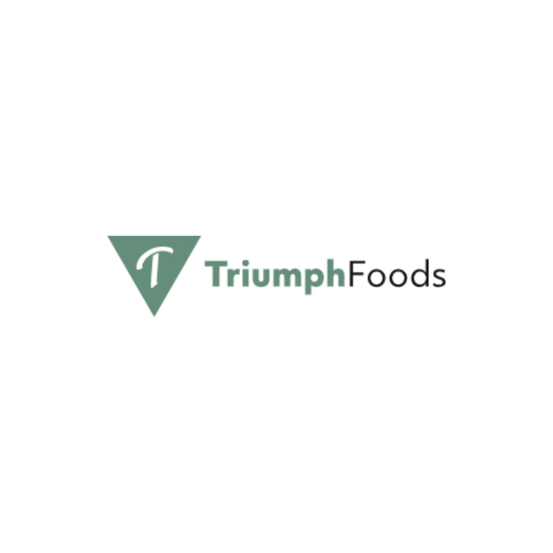 Triumph Foods logo with green triangular icon and gray text on white background