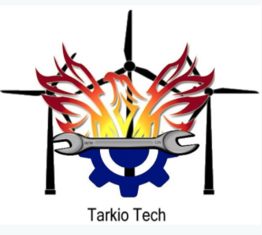 Tarkio Tech logo with red flames, blue gear, crossed wrench and screwdriver, and a wind turbine silhouette