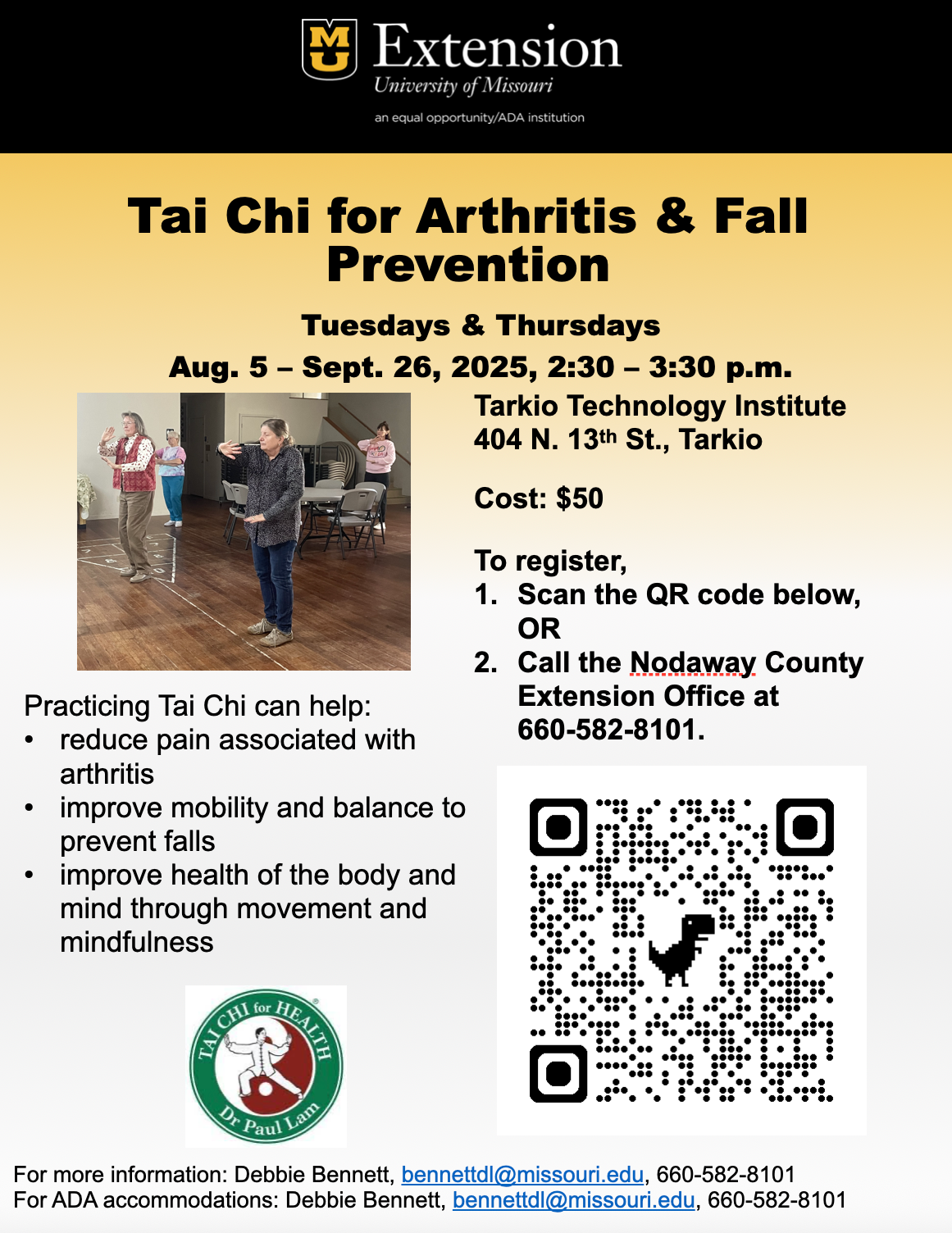 Flyer for Tai Chi for Arthritis & Fall Prevention. Tuesdays & Thursdays, Aug. 5-Sept. 26, 2025 at Tarkio Tech. Contact information.