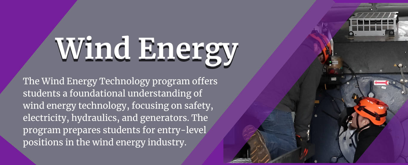 Wind Energy slide with purple background and a worker inside a turbine