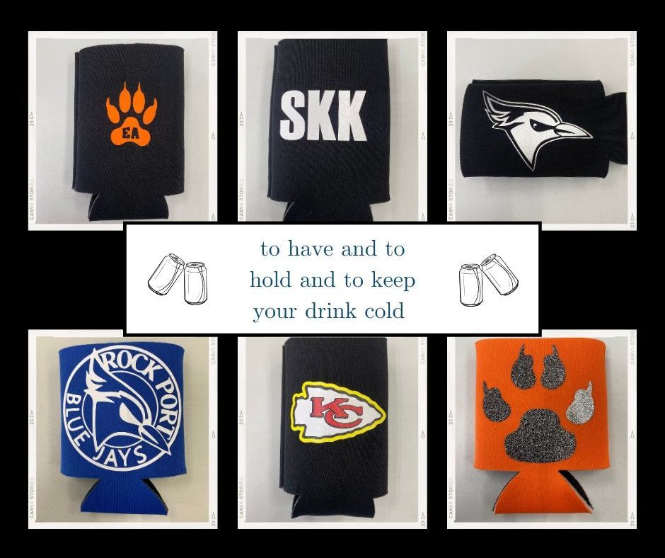 Six beverage can koozies with sports logos in black, blue, and orange on a white background.