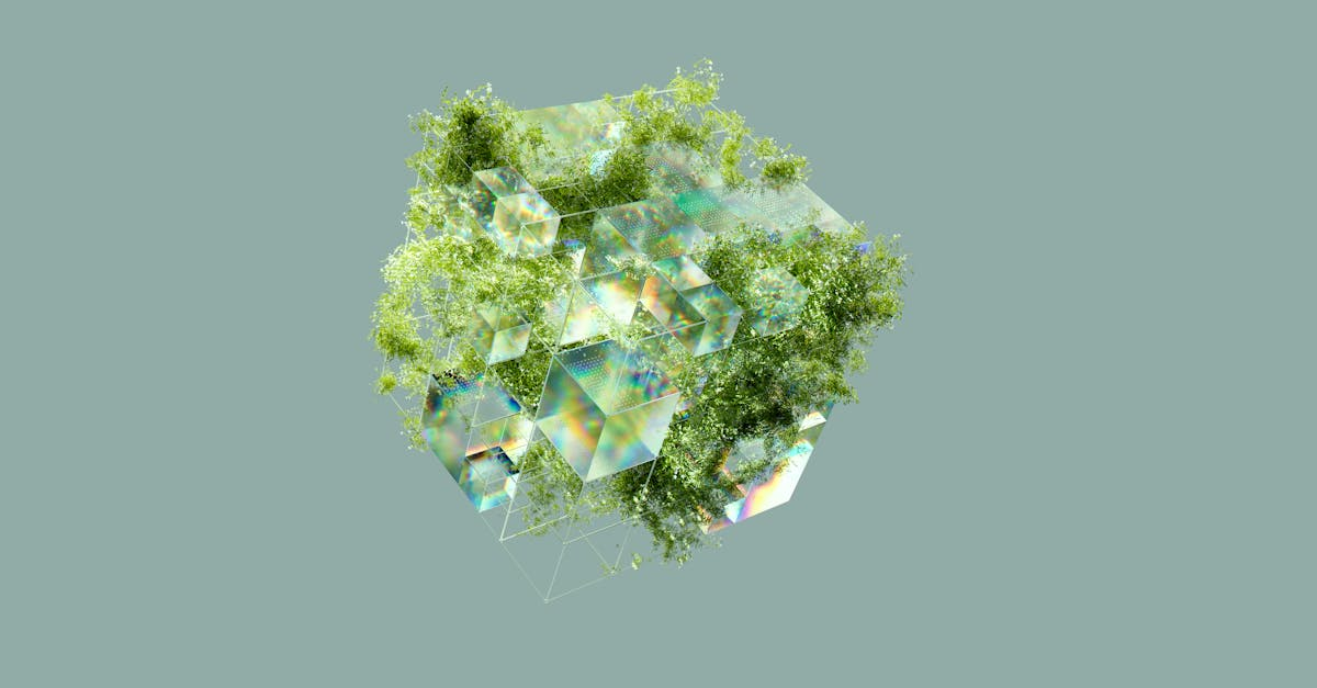Abstract green and blue crystalline cluster on a muted gray background