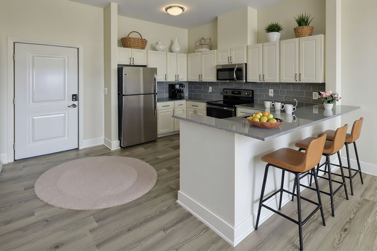A modern kitchen with white cabinets, stainless steel appliances, grey countertops, and three stools at a breakfast bar.