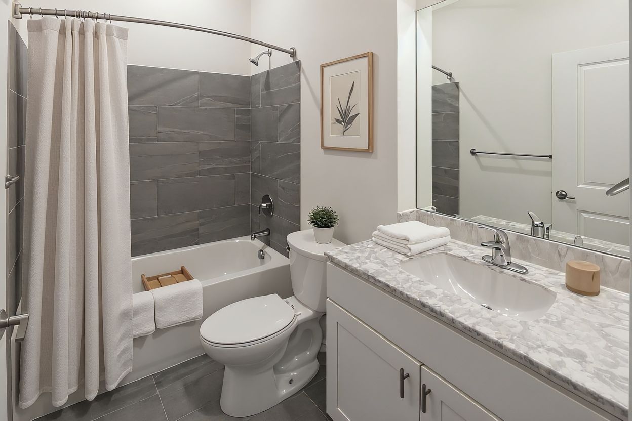 A modern bathroom with a gray tiled bathtub, white toilet, vanity with a light-colored countertop, and a wall mirror.
