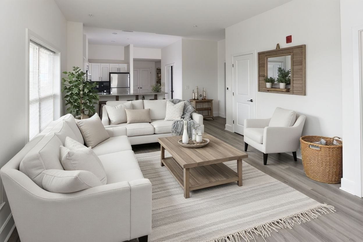 Bright, modern living room with off-white sofas, a wooden coffee table, an armchair, and an open-concept kitchen.