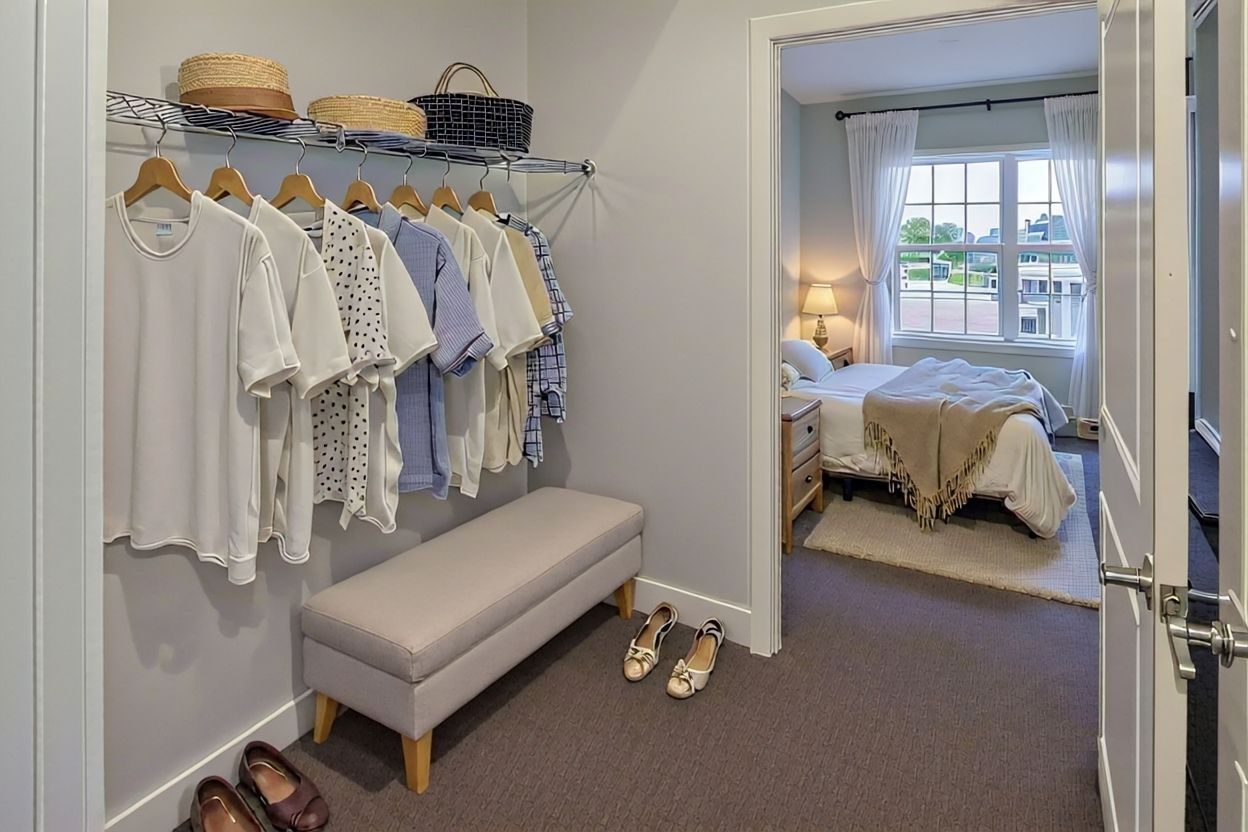 A view of a closet with hanging clothes, a storage bench, and shoes, leading into a bedroom with a made bed.