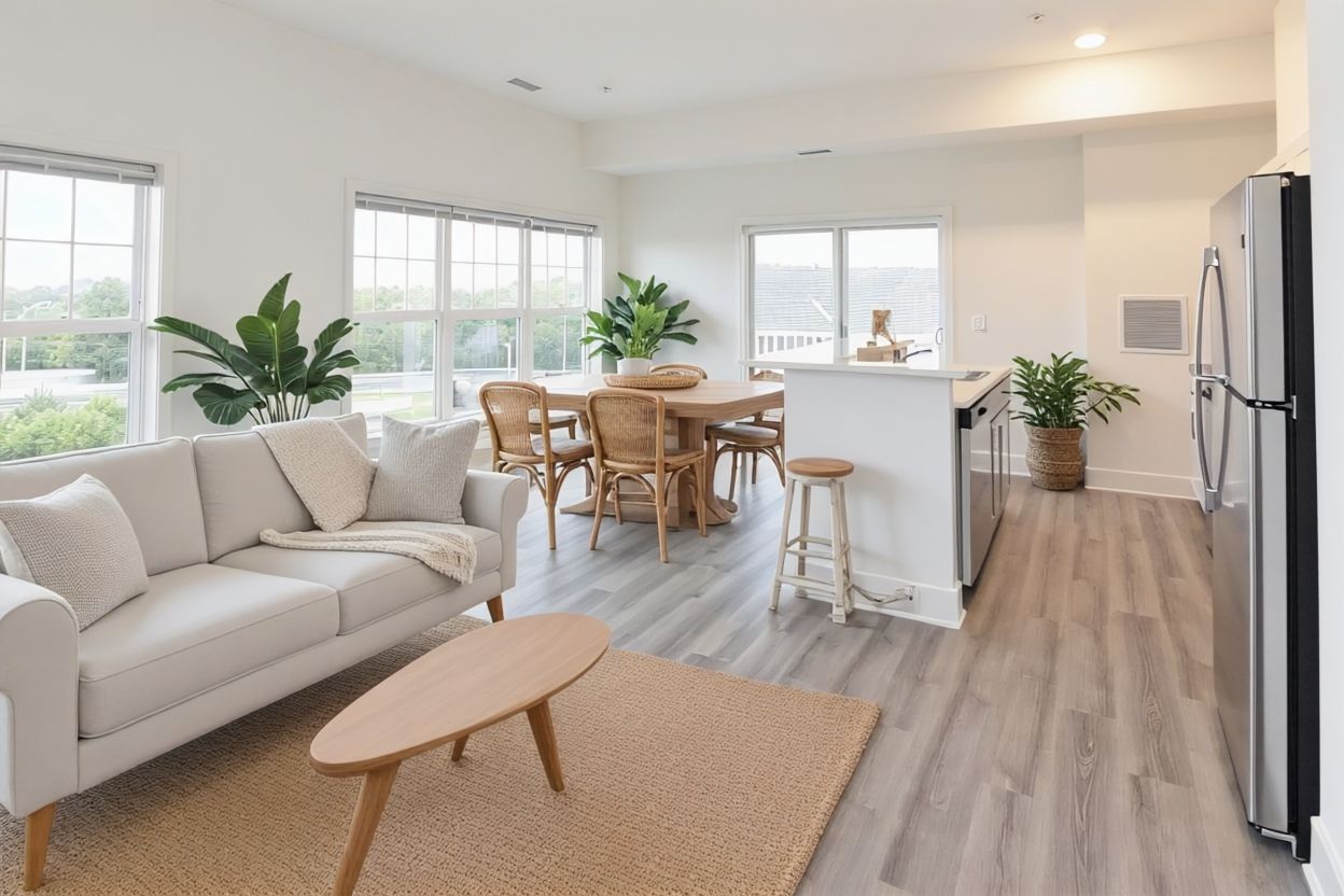A bright, open-concept apartment with a sofa, wooden coffee table, dining area, kitchen counter, and plants.