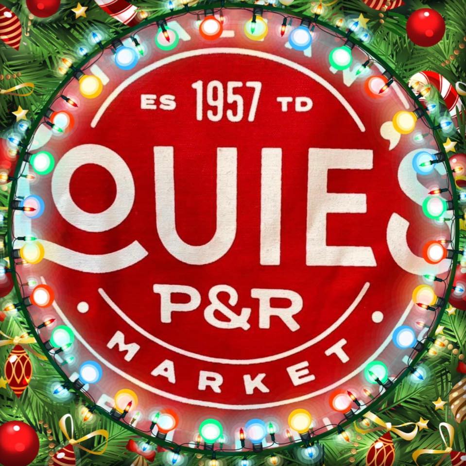 A sign for louis p & r market is surrounded by christmas lights