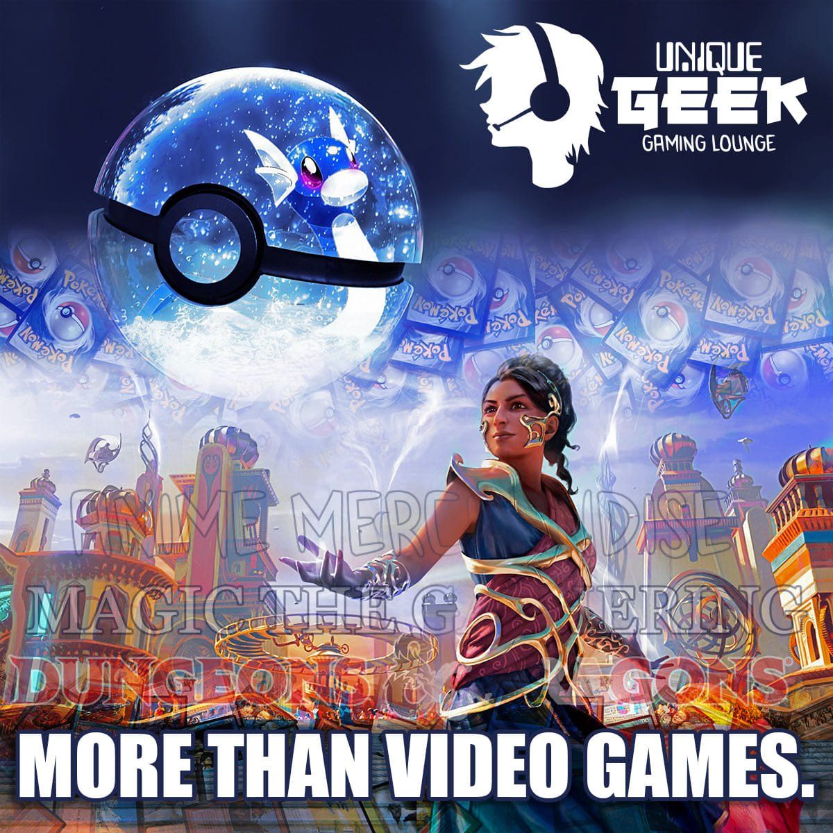 An advertisement for unique geek gaming lounge shows a woman and a pokeball