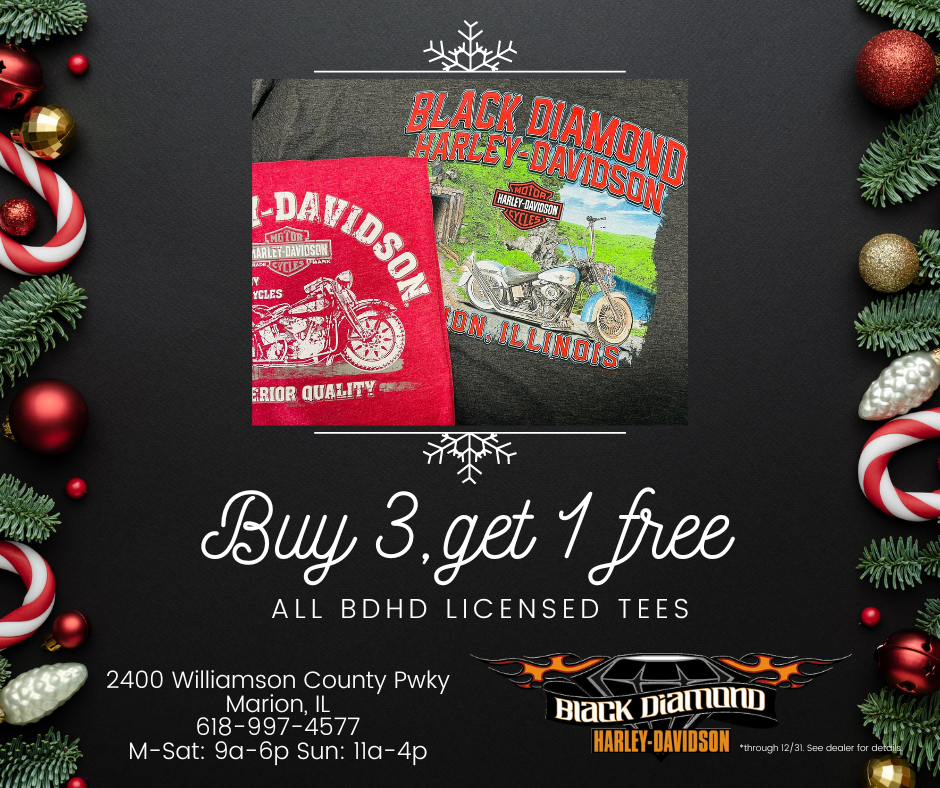 A harley davidson t-shirt is surrounded by christmas decorations and candy canes.