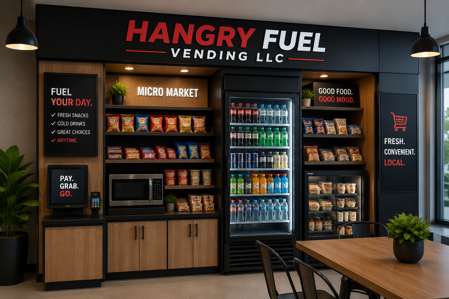 Self-service micro market with snacks, drinks, fresh food, and cashless checkout.