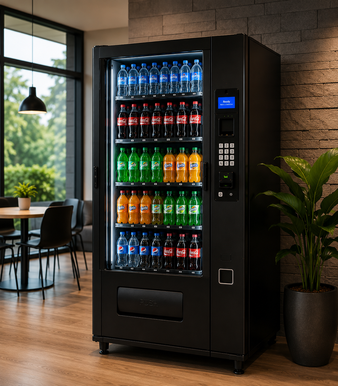 Fully stocked beverage vending machine with water and soft drinks.