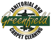 Logo for Greenfield Janitorial and Carpet Cleaning. Green and gold colors. Text on a green banner.