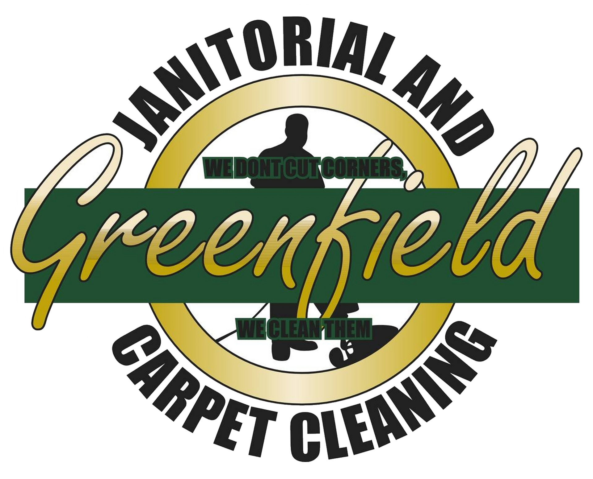 Logo for Greenfield Janitorial and Carpet Cleaning. Green and gold colors. Text on a green banner.