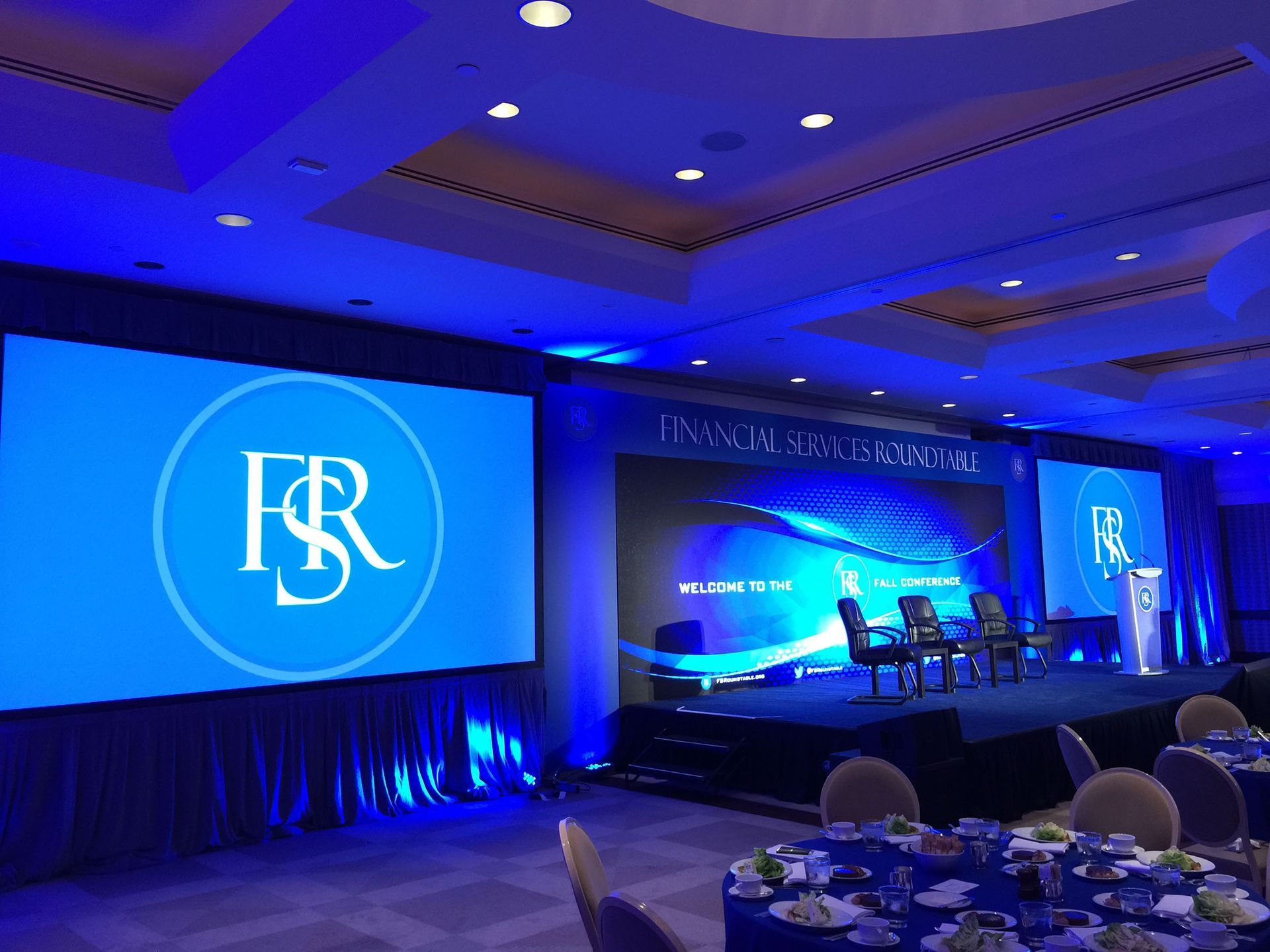 LED Wall Flanked Projection Screens speaker panel stage FSR