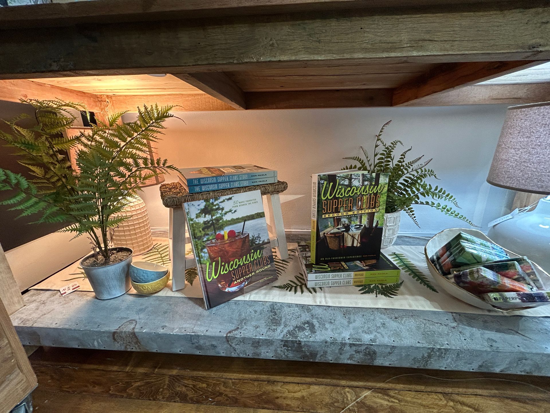 Small shelf display with potted ferns, a lighthouse decor piece, and framed photos under warm lamp light.