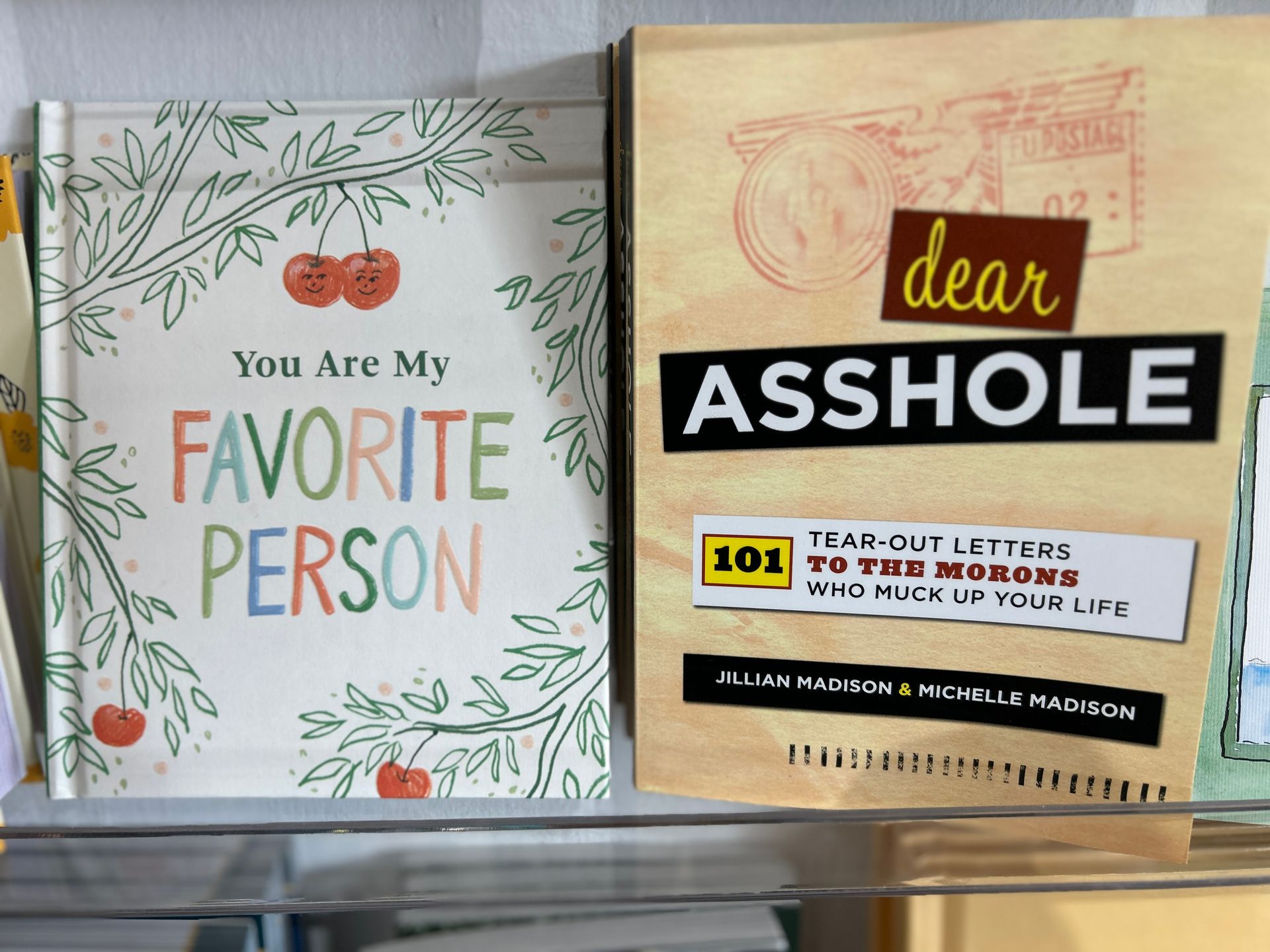 Two book covers: “You Are My Favorite Person” and “Dear Asshole” on a shelf.