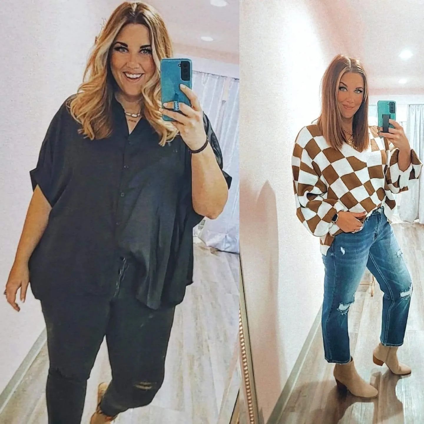 Woman taking mirror selfies in two outfits: black top and pants, and a brown-and-white checkered sweater with jeans.