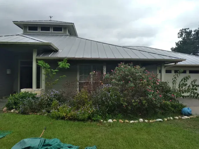 Single-story house with a gray metal roof and a lush front garden.