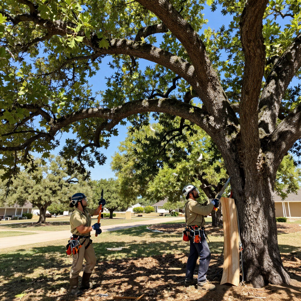 Two arborists in safety gear work beside a large tree on a sunny residential street.
