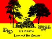 Lawn care logo with mower, trees, and sun; text reads “Lawand Tree Services” and “Callwell & Suppoding Area”