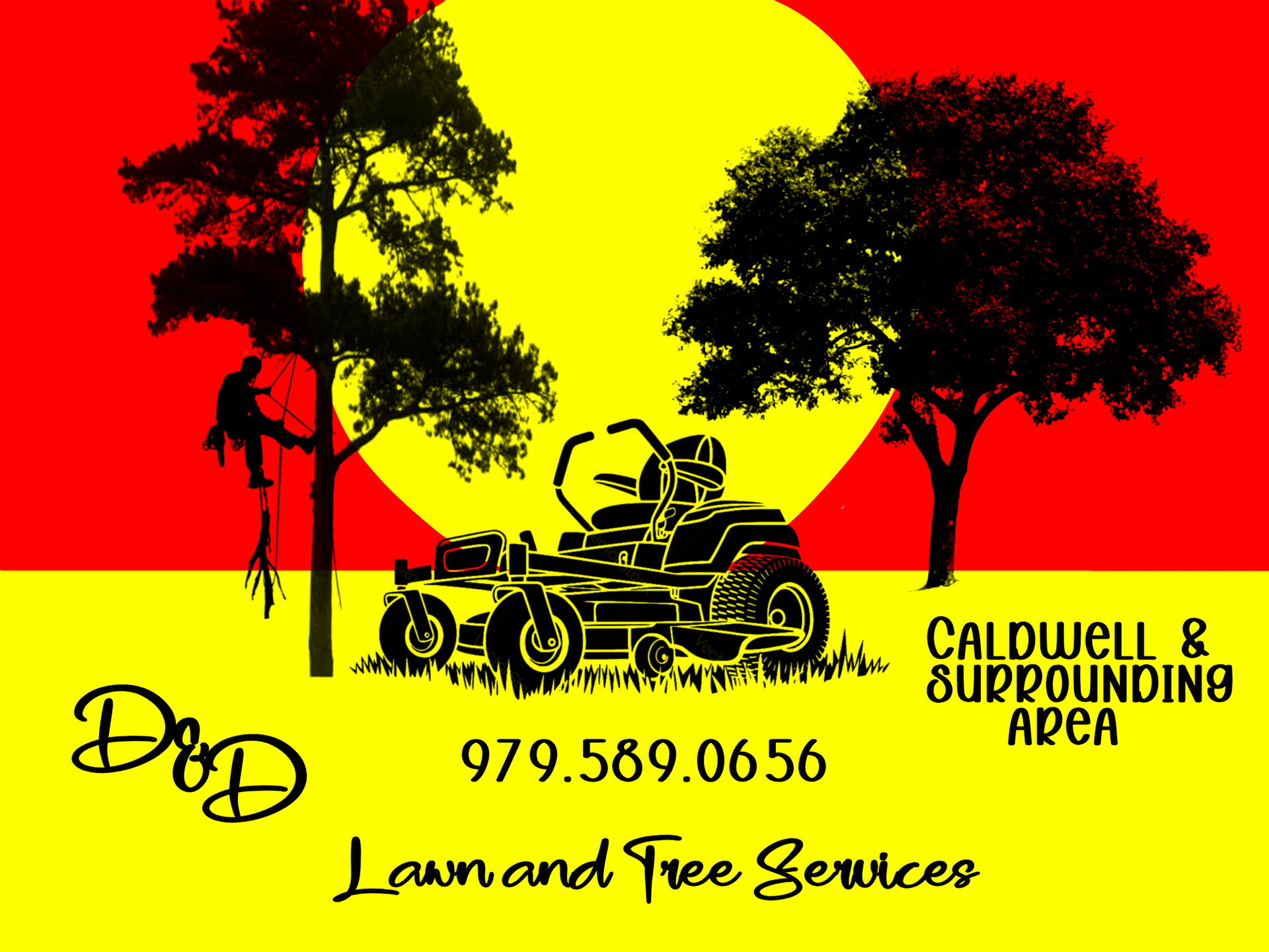 Lawn care logo with mower, trees, and sun; text reads “Lawand Tree Services” and “Callwell & Suppoding Area”