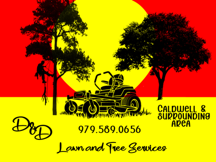 Lawn care logo with mower, trees, and sun; text reads “Lawand Tree Services” and “Callwell & Suppoding Area”