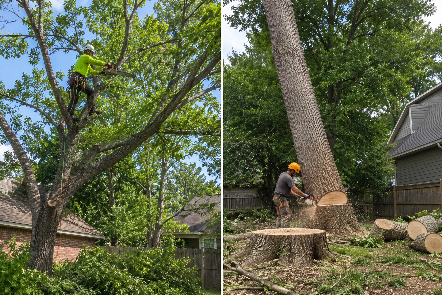 Arborist cutting down a large tree beside a house, with trunk sections stacked on the ground.
