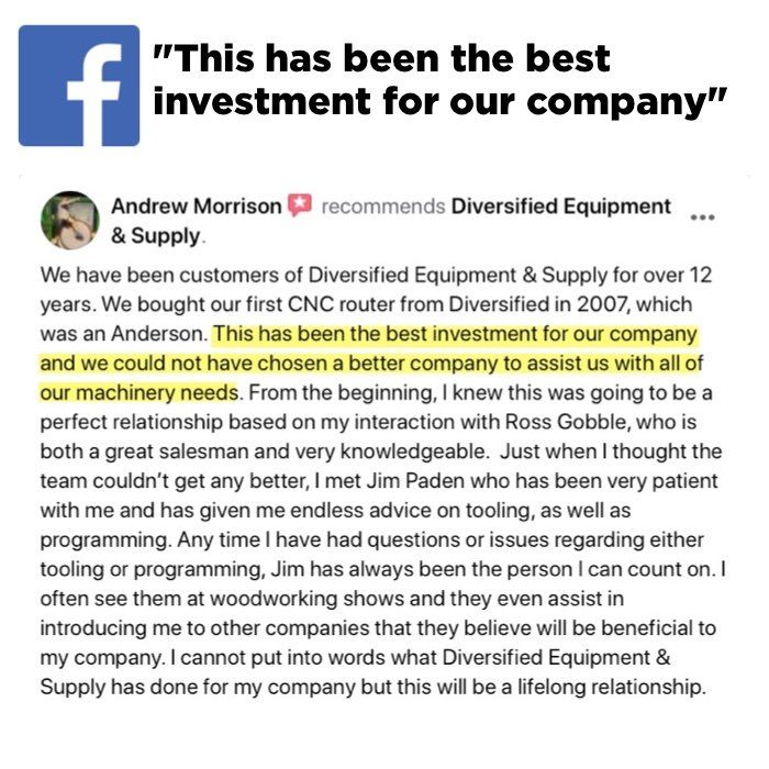 Customer testimonial about CNC router investment and supplier support in manufacturing.