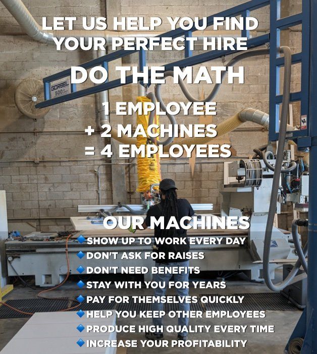 CNC machine operator managing automated equipment with text showing one employee running two machines.