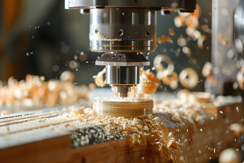 A CNC router carving a wood cabinet panel