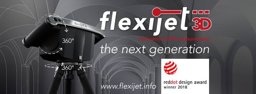 Flexijet 3D CAD measurement device, showing 360° rotation, with a slogan ‘the next generation’ and Red Dot Award logo.