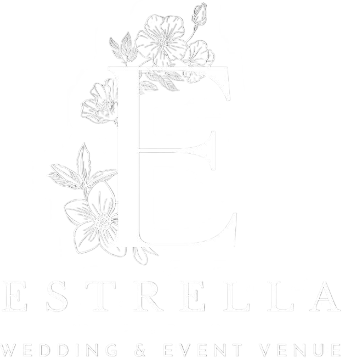 Elegant floral monogram logo for ESTRILLA Wedding & Event Venue in pale gray.