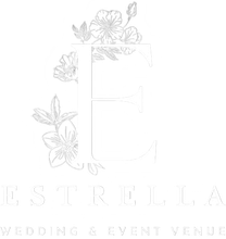 Elegant floral monogram logo for ESTRILLA Wedding & Event Venue in pale gray.