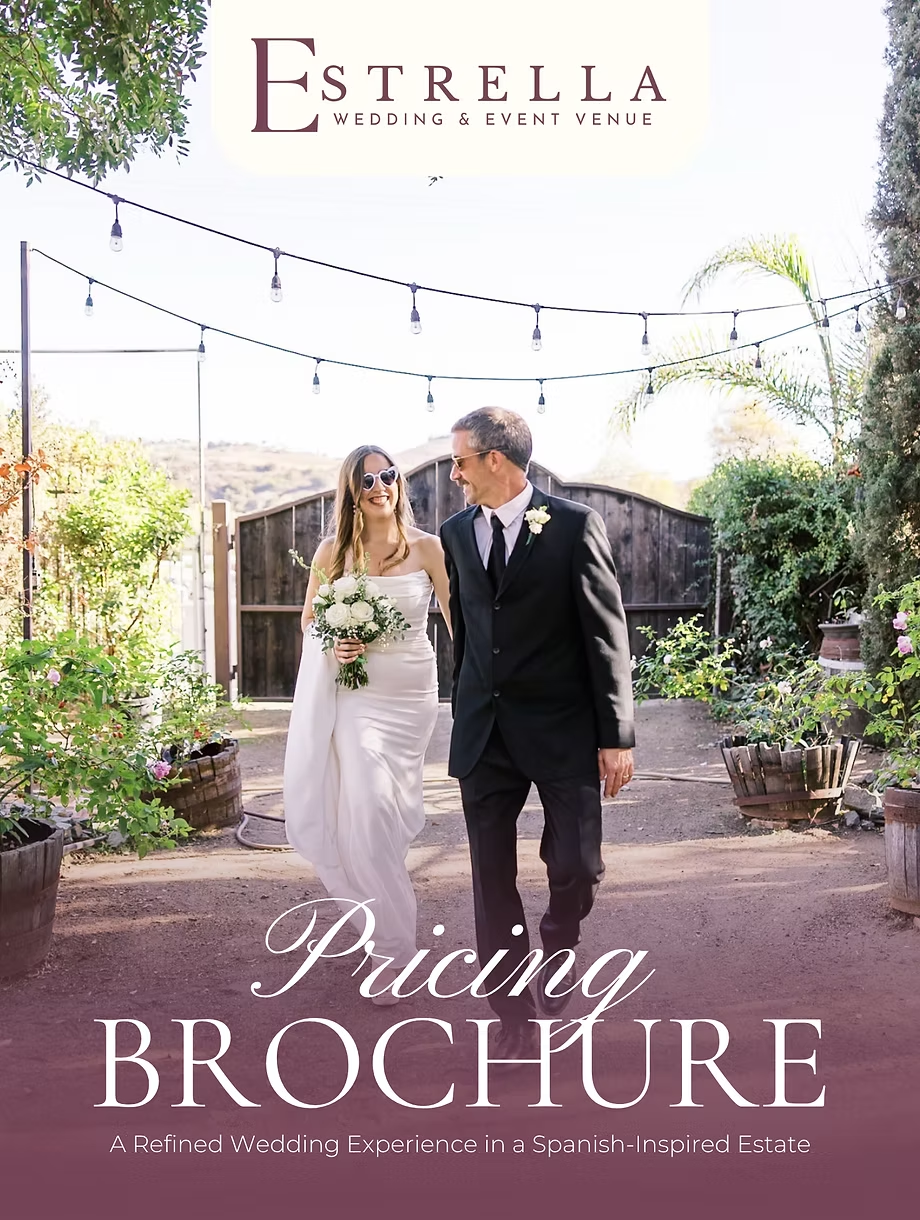 Wedding couple walking in a garden; text reads “Estrella Wedding & Event Space” and “Pricing Brochure”