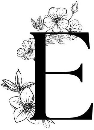 Floral black letter E with delicate line-art flowers and leaves