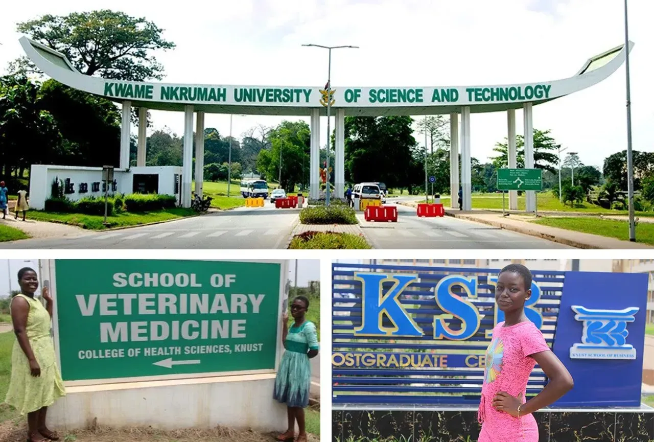 A woman in a pink shirt is standing in front of a sign for the school of veterinary medicine