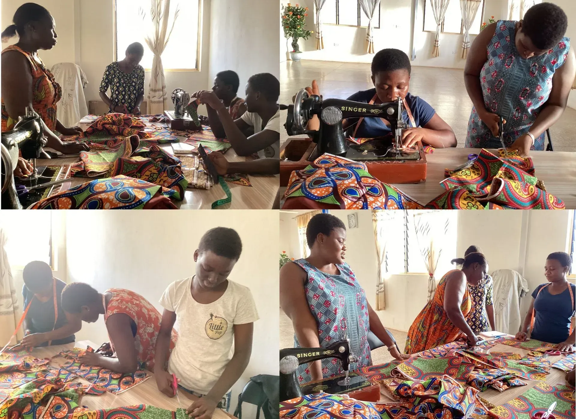 A group of women are working on a sewing machine in a room.
