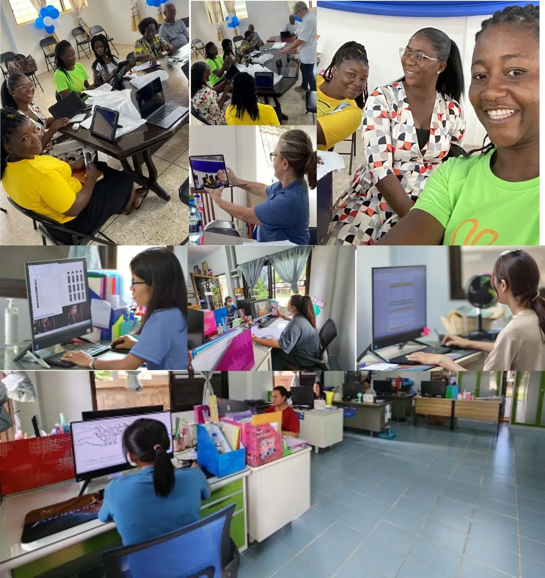 A collage of people sitting at desks in an office