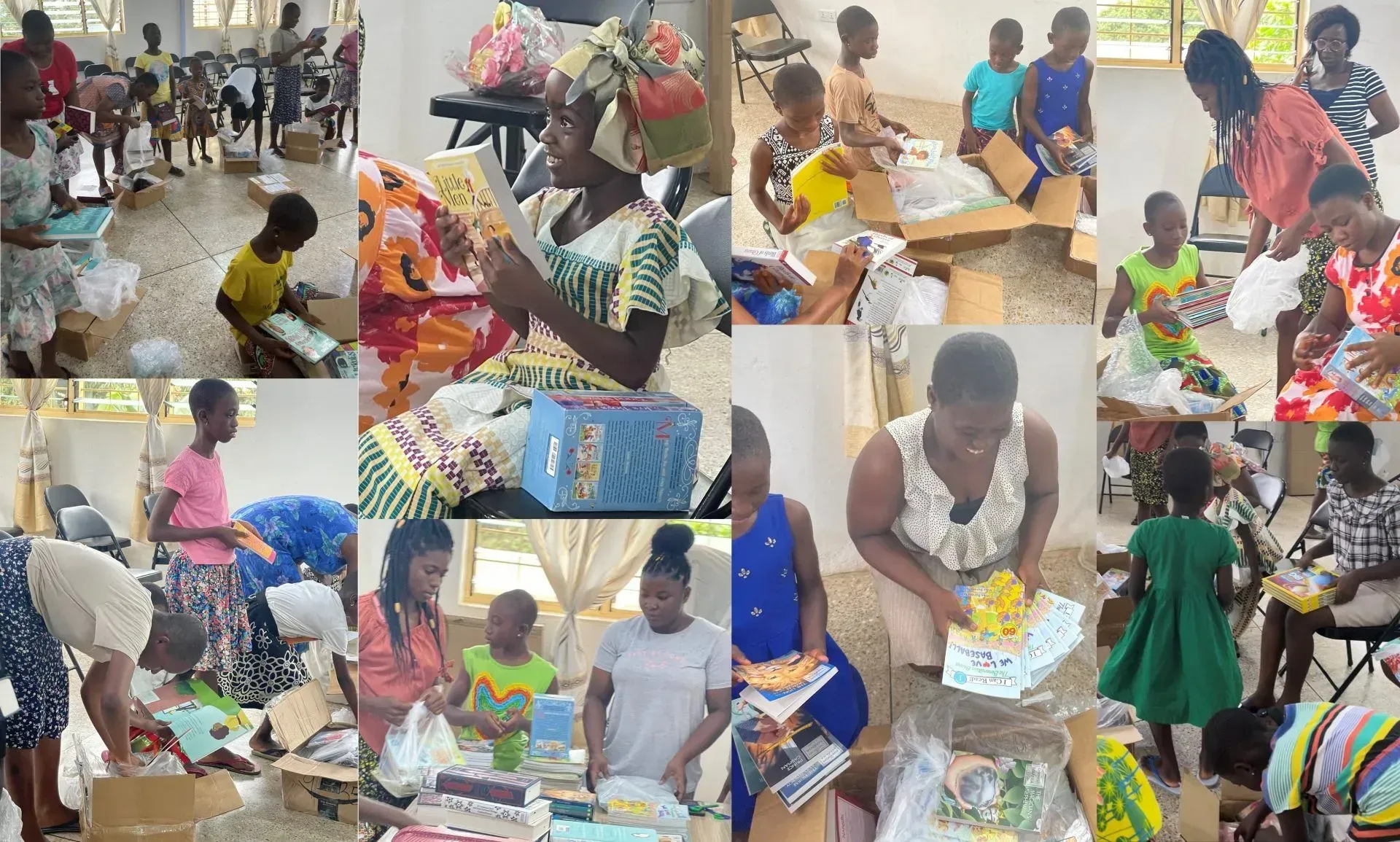 A collage of photos of people packing boxes in a room.