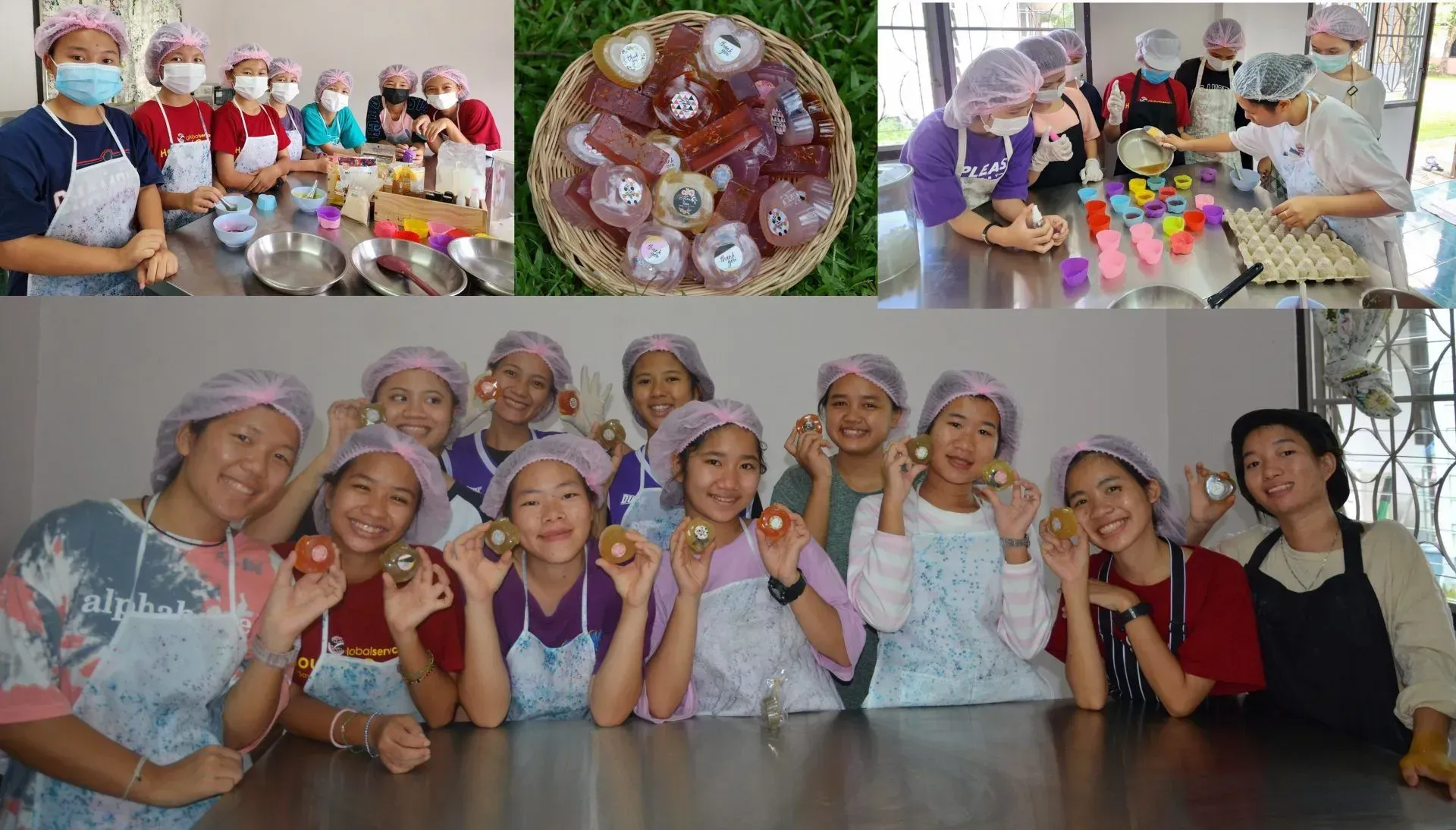 A group of young girls are posing for a picture in a kitchen.