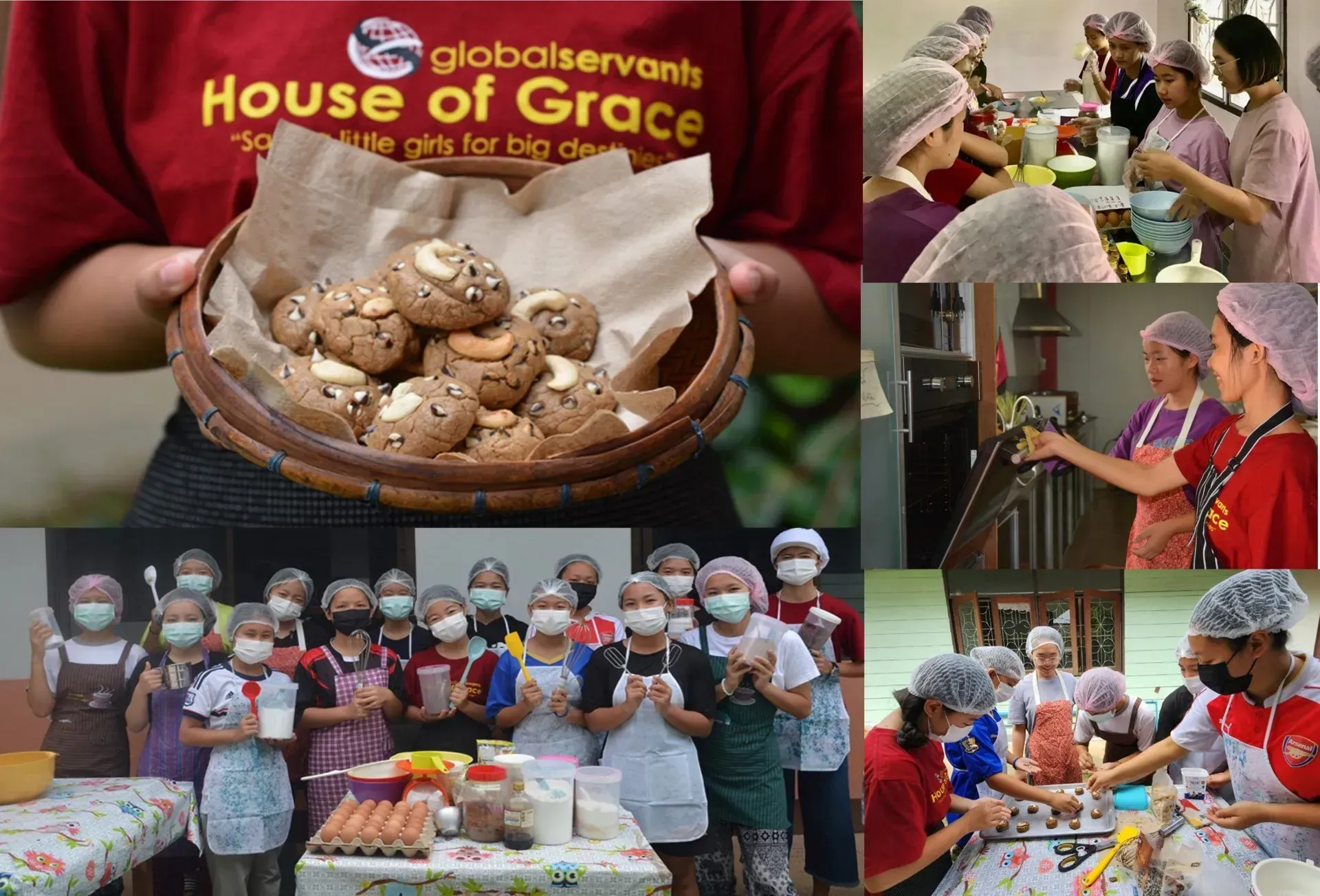 A person is holding a basket of cookies in front of a group of people.