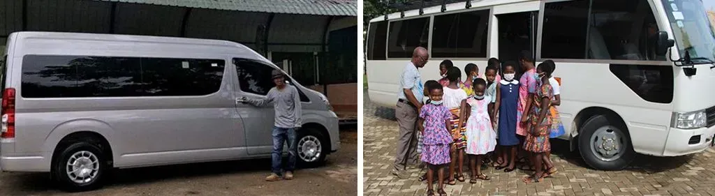 A group of children are standing next to a white van.