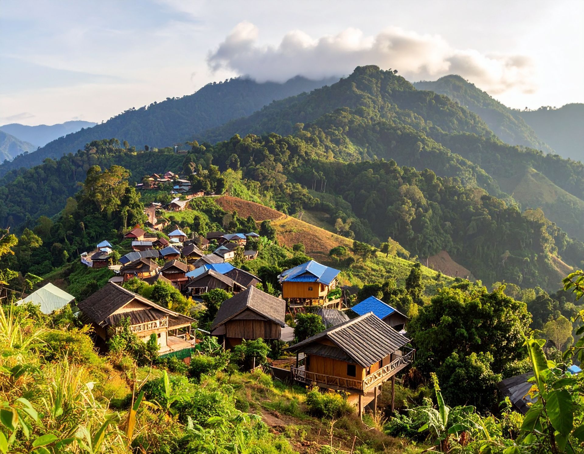 Village nestled on a mountainside, surrounded by lush green foliage and rolling hills. Sunny day, blue and brown houses.