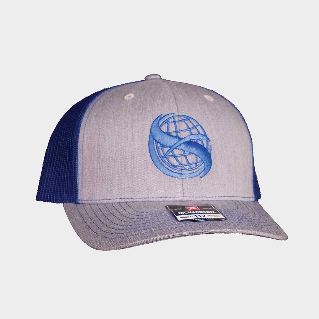 Gray and blue baseball cap with a dolphin logo on a white background.