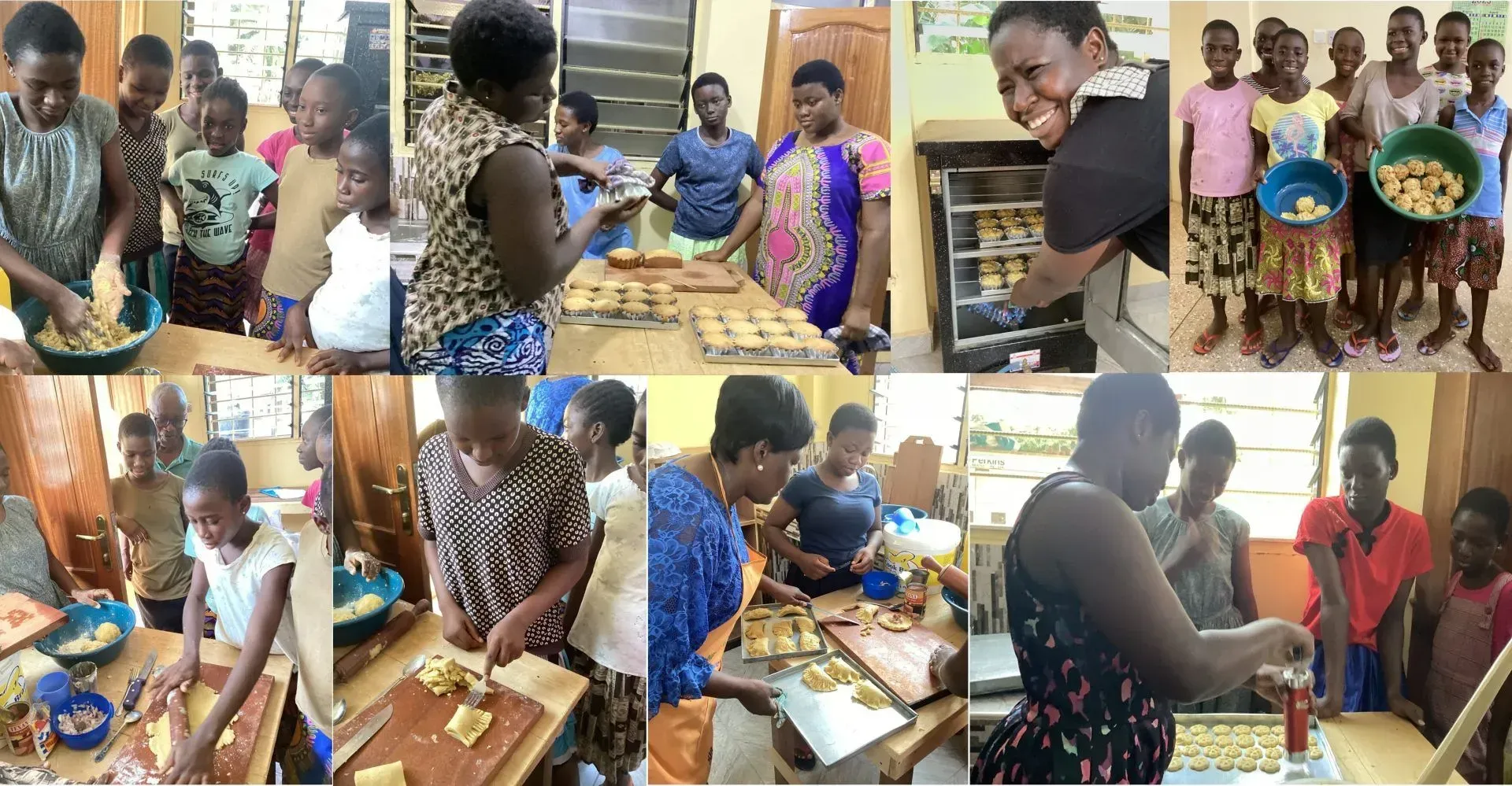 A collage of photos of people cooking food in a kitchen.