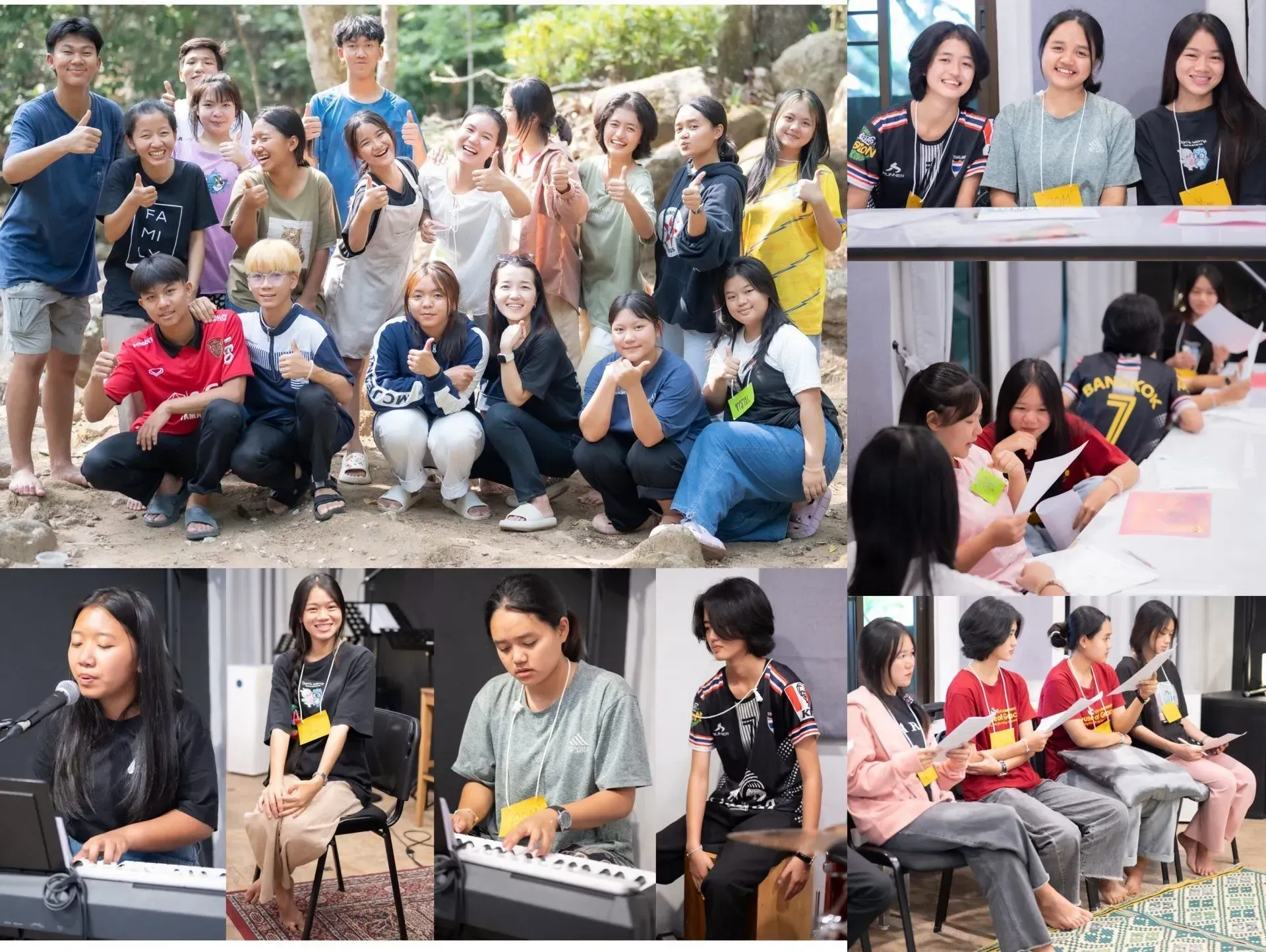 A collage of photos of a group of young people playing musical instruments.